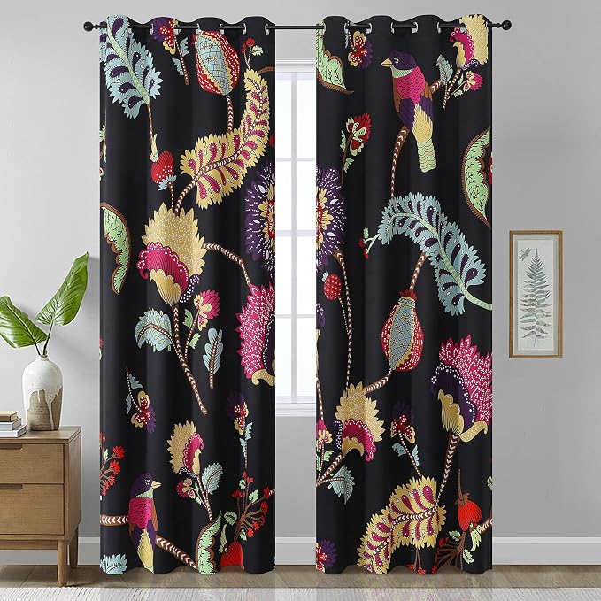 Estelar Textiler Bird and Floral Blackout Curtains for Bedroom,Boho Colorful Flowers Grommet Thermal Insulated Room Darkening Window Curtains for Living Room,52Wx102L Inches, 2 Panels