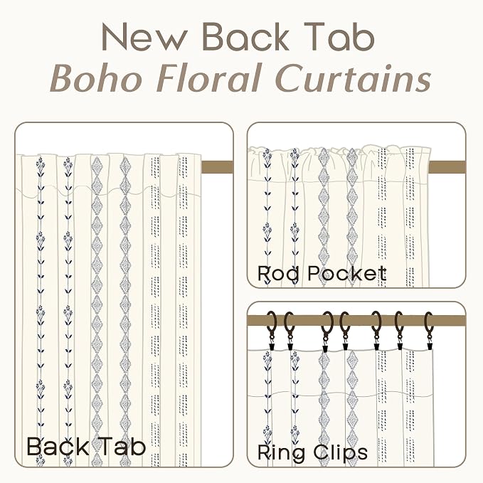 Sheer Linen Boho Patterned Curtains 50x63 Inches Long for Living Room 2 Panel Sets,Cream and Navy