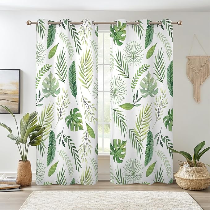 Renaiss Green Leaf Blackout Curtains, Tropical Safari Plants Patterned Thermal Insulated Bedroom Window Curtains, Eucalyptus Botanical Window Curtains for Kitchen, 45" L x 29" W 2 Panel Set
