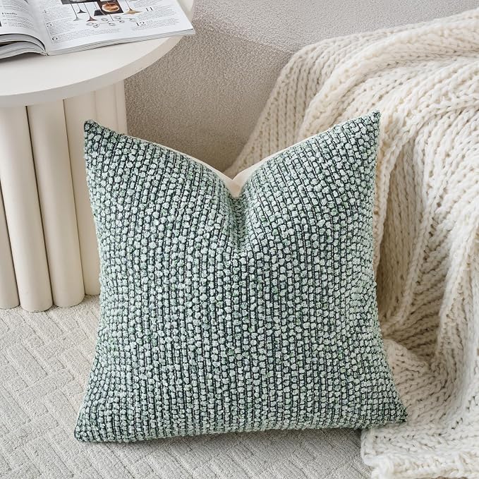 DEZENE Striped Throw Pillow Covers 16x16 Set of 2 Green Textured Boucle Chic Morden Boho Accent Farmhouse Square Decorative Couch Pillow Covers for Home Decor Bed Sofa Living Room