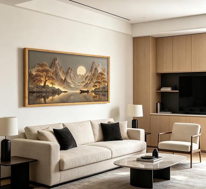 Framed 3D Texture Large Landscape Sunrises Sunset Canvas Wall Art Abstract Mountains Lake Tree Painting Picture Wall Decor Modern Nature Scenery Poster Print Artwork for Living Room Office