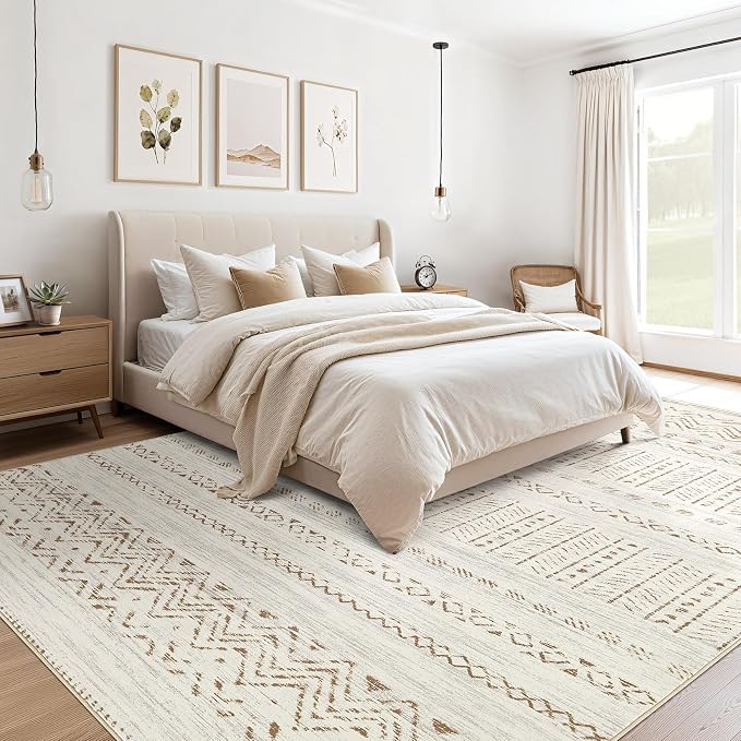 cotiled 7x9 Area Rugs Living Room Rug: Washable Boho Rugs with Non Slip Backing Large Soft Indoor Stain Resistant Carpet for Bedroom Farmhouse Dining Room Lightweight Home Decor Brown/Cream