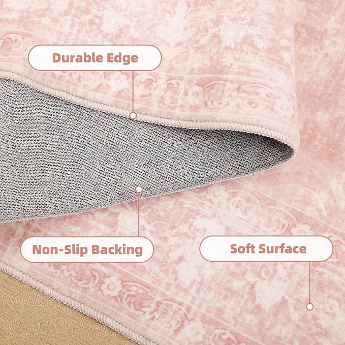 FROZZUR Boho Pink Area Rug 6x9 Large Vintage Rug for Living Room Bedroom Dining Table, Non Slip Distressed Washable Rugs for Home Office Decor Pink