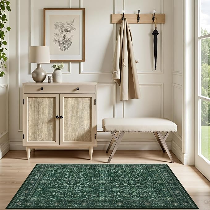 2x3 Area Rugs Living Room Rug: Washable Vintage Distressed Floral Rug No Slip Stain Resistant Soft Carpet Indoor Large Carpets for Bedroom Dining Room Farmhouse Nursery Hallway Home Office Deep Green