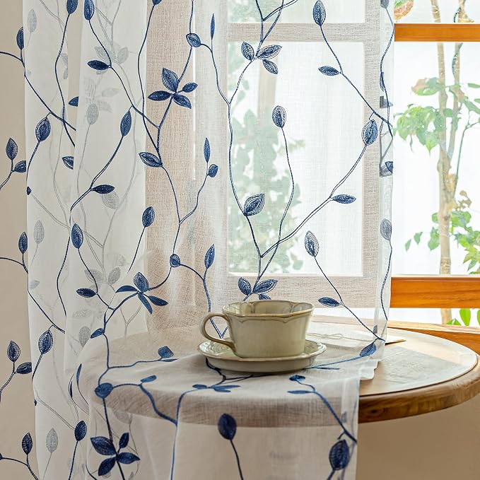 AmHoo 2 Panels Embroidered Leaf Pattern Semi Sheer Curtains Foliage Floral Voile Window Draperies Treatment for Bedroom Living Room Rod Pocket White Blue Lolite 53 x 95 Inch