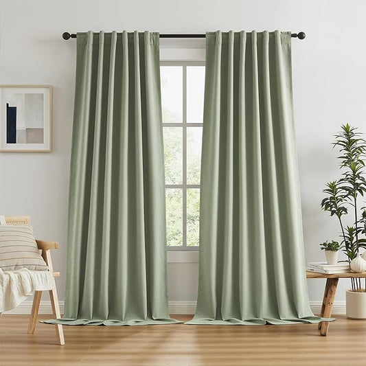 KEQIAOSUOCAI Blackout Linen Curtains 102 Inches Long, Back Tab Loop Pocket Hook Belt Long Vertical Drapes for Living Room Large Windows 50 x 102 Inch, 2 Panels, Sage Green
