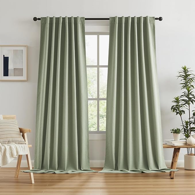 KEQIAOSUOCAI Blackout Linen Curtains 108 Inches Long, Back Tab Loop Pocket Hook Belt Long Vertical Drapes for Living Room Large Windows 50 x 108 Inch, 2 Panels, Sage Green