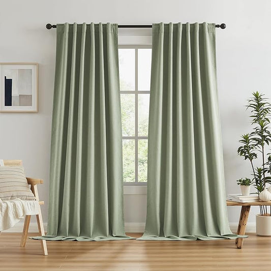 KEQIAOSUOCAI Blackout Linen Curtains 108 Inches Long, Back Tab Loop Pocket Hook Belt Long Vertical Drapes for Living Room Large Windows 50 x 108 Inch, 2 Panels, Sage Green
