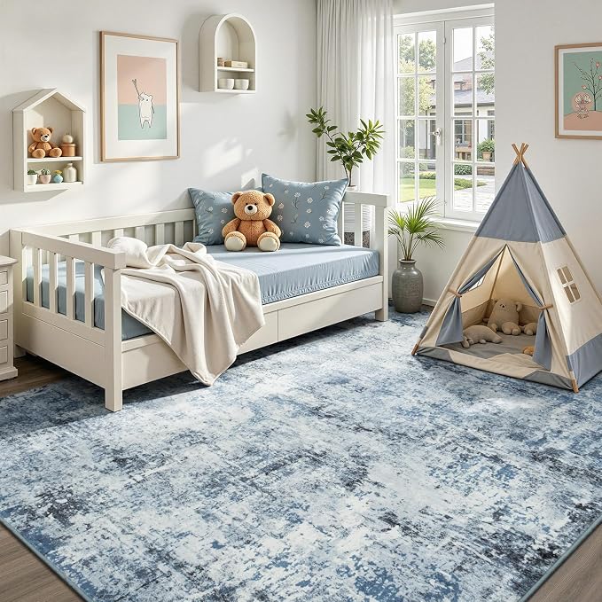 Rugflix 8x10 Area Rugs for Living Room, Washable Large Rug Stain-Resistant Low Pile, Modern Dark Carpet for Dining Room Home Office Kid Room Nursery Bedroom, Blue Grey/Black
