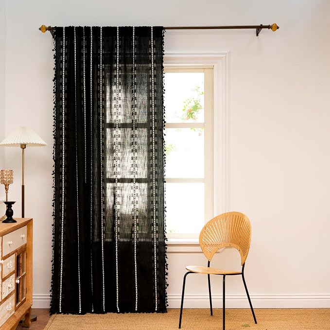 Deeprove Black Boho Curtain 84 inches Length for Living Room Bedroom Nursery, Bohemian 84 inches Long, Mid Century Western Embroidery Textured Halloween Privacy Window Trim Decor W52 x L84, 1 Panel
