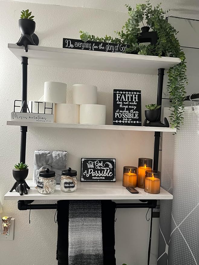 30 inch Retro White Rustic Bathroom Shelves Farmhouse Pipe Wall Shelves | Industrial Pipe Shelving Floating Shelves with Towel Rack for Kitchen Storage,Living Room,Bedroom