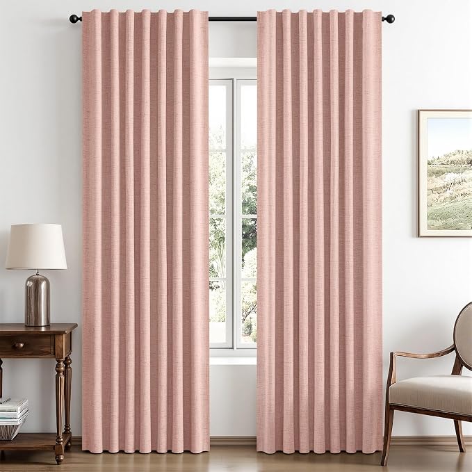 MIULEE 100% Blackout Linen Curtains for Bedroom, Blush Pink Solid Luxury Decor Thermal Insulation Room Darkening Drapes for Living Room Back Tab Rod Pocket 42 x 90 Inches, 2 Panels