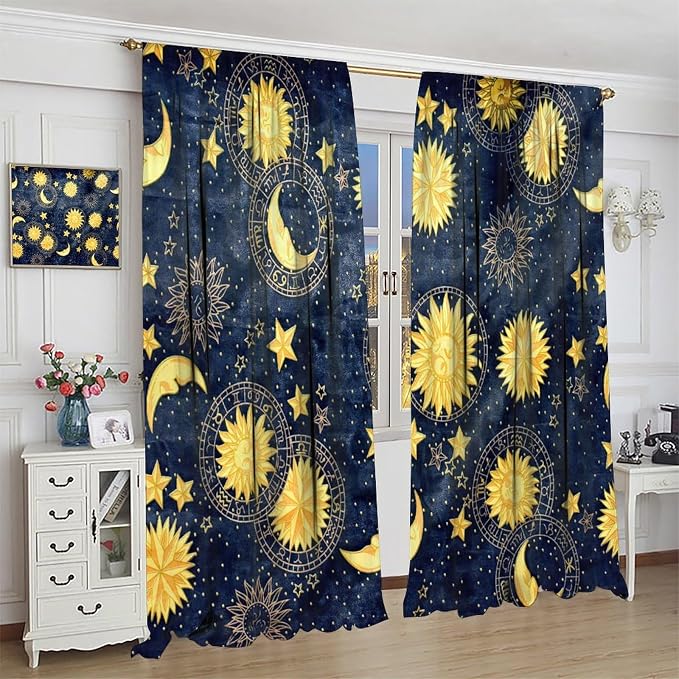 Boho Sun Moon Blackout Window Curtains, Bohemian Golden Sun Moon Stars Print Rod Pocket Window Drapes, for Living Room Bedroom 63x72in 2 Panels