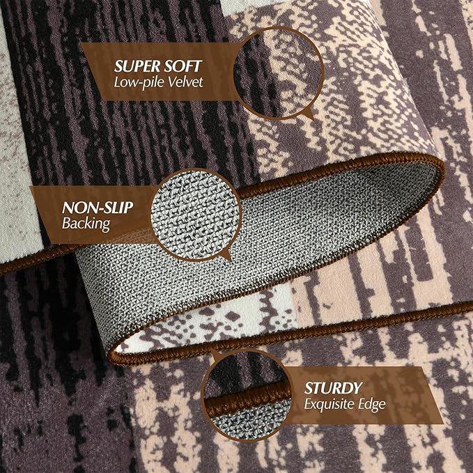 Indoor Runner Rug, Washable Runner Rug with Rubber Backing, Modern Geometric Patchwork Aesthetic Carpet for Bedroom, Living Room, Hallway, Entryway, Washable Rug Rockwood Collection, 2x6 Ft Chocolate