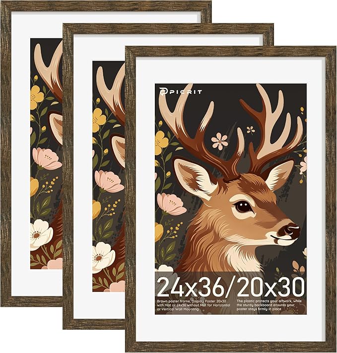 Picrit 24x36 Picture Frame 3 Pack, Wooden Brown Rustic Poster Frame, Display Poster 20 x 30 with Mat or 24 x 36 Without Mat for Horizontal or Vertical Wall Mounting