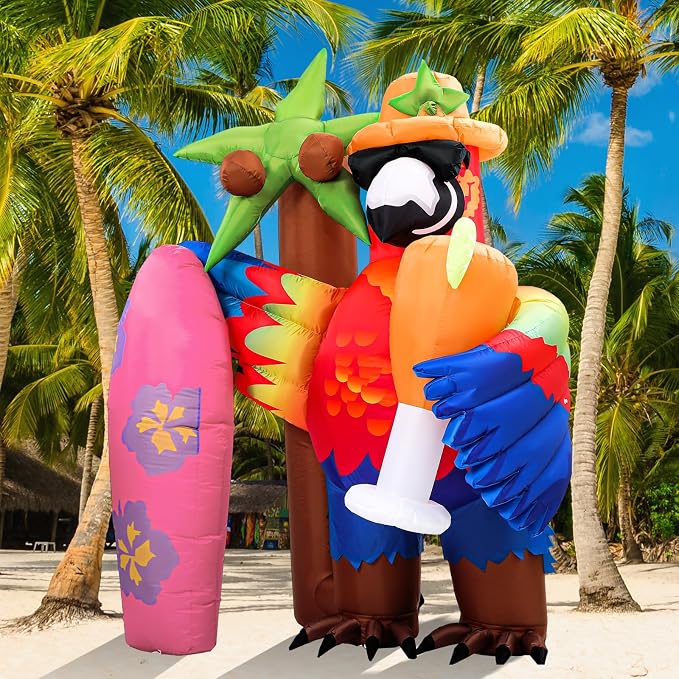 Leyndo 7.2x5.7ft Gaint Hawaiian Inflatable Parrot Decorations Tiki Inflatable Palm Coconut Tree with LED Lights Aloha Luau Hawaiian Tropical Party Decorations for Indoor Outdoor Birthday Beach