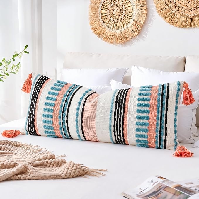 NUYECY Chenille and Cotton Long Pillow for Bed,Striped Textured Boho Long Lumbar Throw Pillow Cover 14x36,Neutral Accent Decorative Extra Long Body Pillow Case for Couch Sofa Bedroom,Turquoise