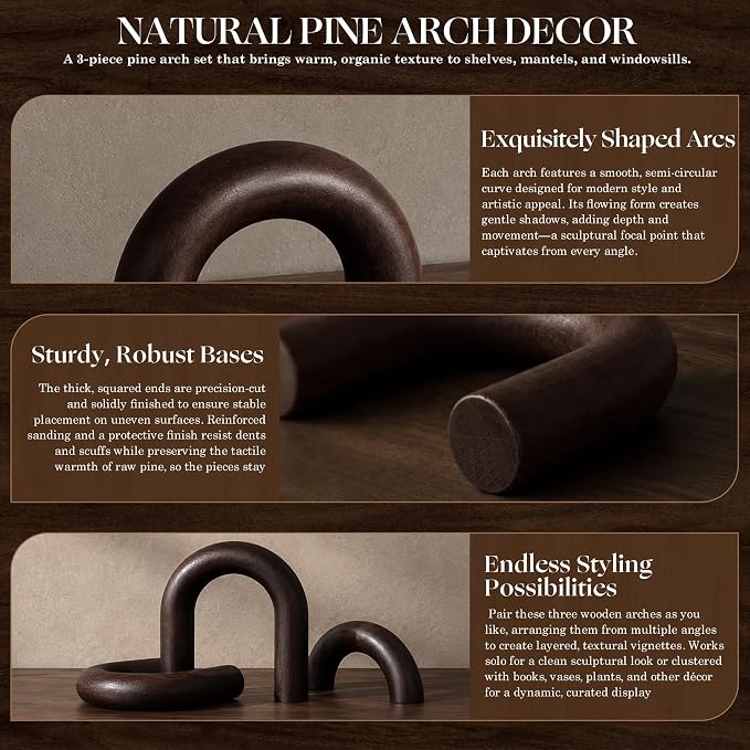 EOSAHR Acacia Wooden Arch Decor Set for Home Decor - 3-Piece Decorative Arch for Coffee Tables, Side Tables & TV Consoles - Decorative Objects & Shelf Decorations for House Aesthetic (Dark Acacia)