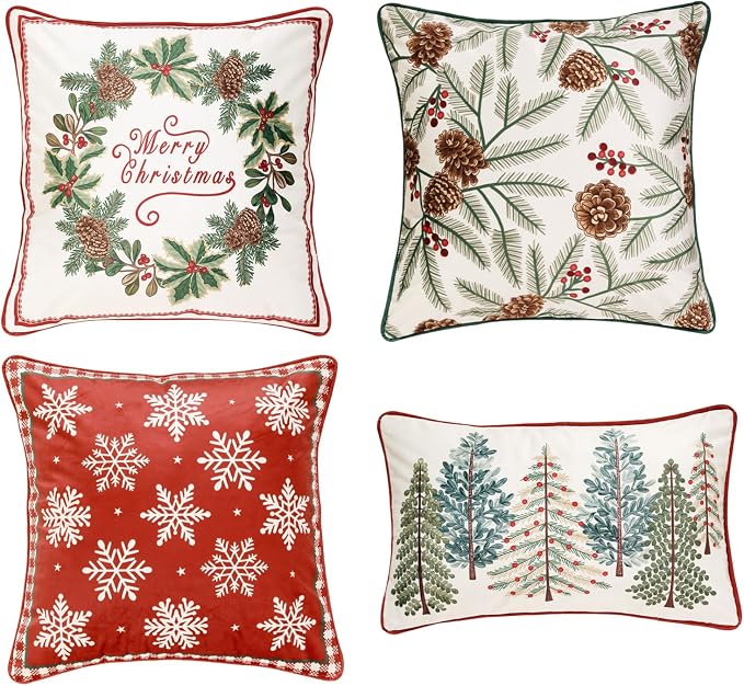 ISAENNE French Chrismas Velvet Throw Pillow Cover,Set of 4-Carol ABCF | Vintage Elegant Pillow Cover,Concealed Zipper Design,Pinecones Pattern,Sofas,Bedroom,Living Room,Lounge Chairs