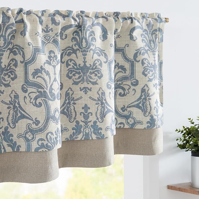 jinchan Linen Valance Curtain for Kitchen Vintage Damask Floral Light Filtering Double Layer Small Window Valance for Living Room Bedroom Bathroom 18 Inch Rod Pocket 1 Panel Light Blue on Beige