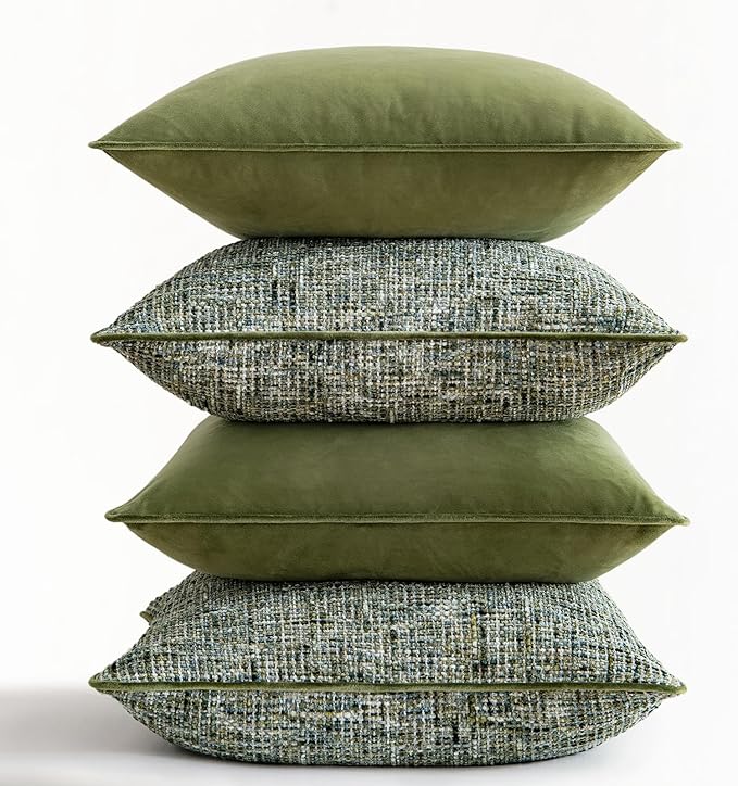 a moment Dark Green 4 Pack Throw Pillow Covers - Chenille & Velvet Set with Piping, Farmhouse Textured Design Pillow Cases for Couch Sofa Bed Livingroom (22x22 Inch, No Insert)