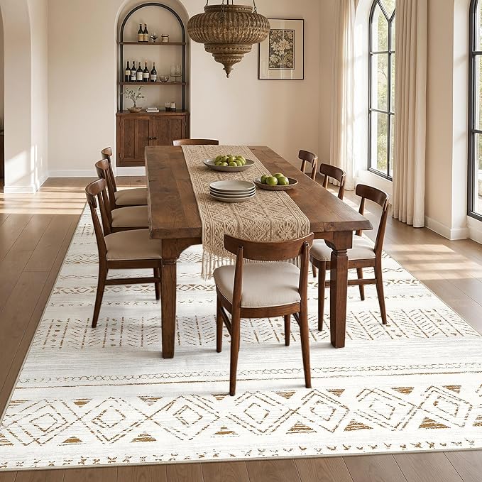 cotiled 12x15 Area Rugs Living Room Rug: Washable Boho Rugs with Non Slip Backing Large Soft Indoor Stain Resistant Carpet for Bedroom Farmhouse Dining Room Lightweight Home Decor L Brown/Cream