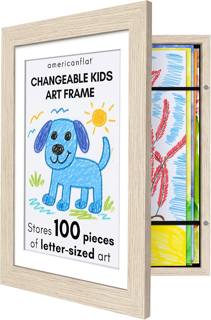 Americanflat Kids Artwork Frame Changeable (Light Wood) - Magnetic Door Holds 100 Art Pieces - 8.5x11 Letter Size Display with Mat or 10x12.5 Without Mat - My Mini Masterpiece