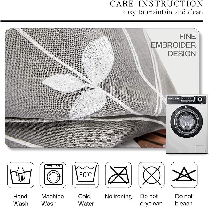 AmHoo 2 Panels Embroidered Leaf Pattern Semi Sheer Curtains Foliage Floral Voile Window Draperies Treatment for Bedroom Living Room Rod Pocket Light Gray 53 x 63 Inch
