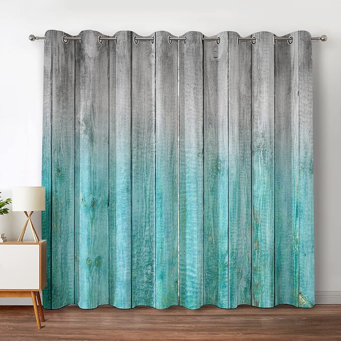 Jekeno Wooden Blackout Curtains Blue Gradient Wood Board of Farmhouse Village Rural Lodge Nature Retro Decor for Home Bedroom Living Room Grommet Window Drapes 2 Panel Set, 52"x63"