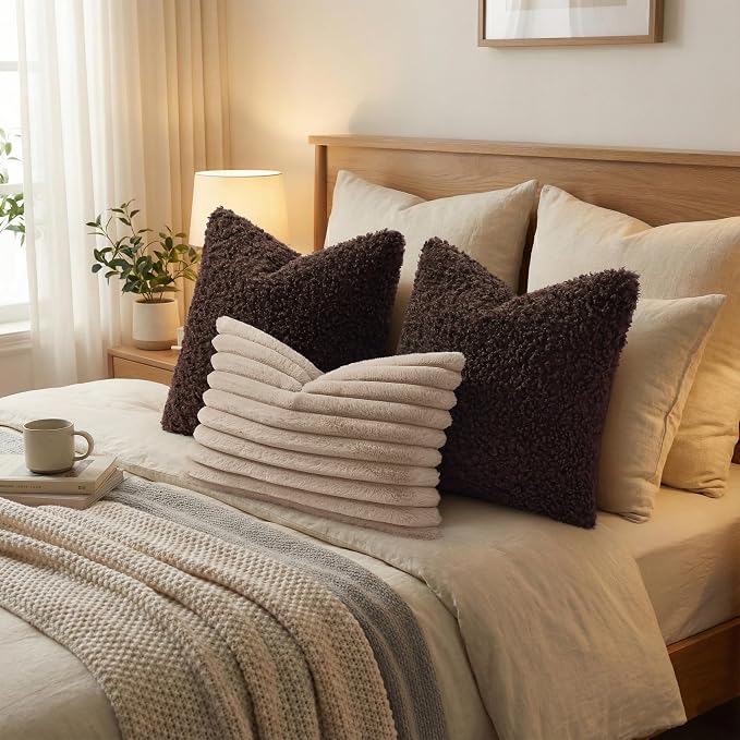 decorUhome Pack of 2 Throw Pillow Covers 20x20 Inch, Faux Fur Decorative Sherpa Pillow Covers Fuzzy Accent Soft Sheepskin Fleece Pillow Cases for Couch Living Room Bed, Chocolate