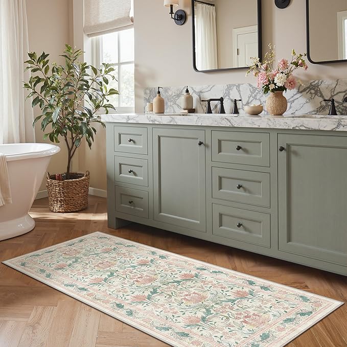 Bavni 2'6''x6 Runner Rug,Microfiber Washable Non-Slip Vintage Floral Rugs,Low Pile Lightweight Carpet for Bedroom,Hallway,Entryway,Kitchen,Bathroom, Beige&Pink