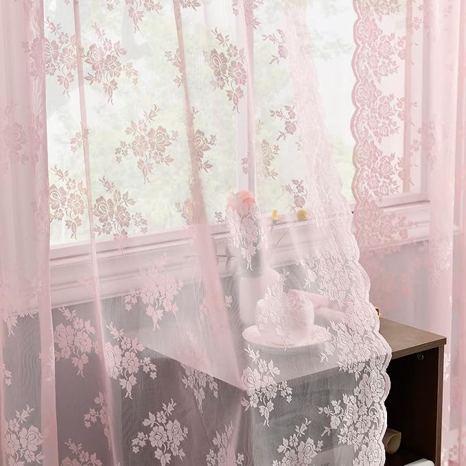 Kotile Pink Lace Curtains 45 Inch Length, Vintage Floral Embroidered Short Lace Cafe Curtains for Small Windows, Rod Pocket Privacy Sheer Lace Curtain 2 Panels Set, Each 52 x 45 Inch, Pink