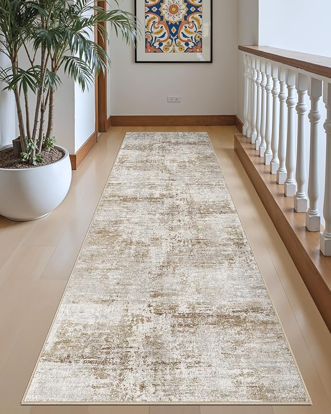 DEXI Hallway Runner Rug Washable 2'8''x7', Modern Abstract Soft Thin Hallways Runner with Non Slip Backing, Low Pile Entryway Floor Rug, Stain Resistant Carpet for Bedroom Living Room, Khaki
