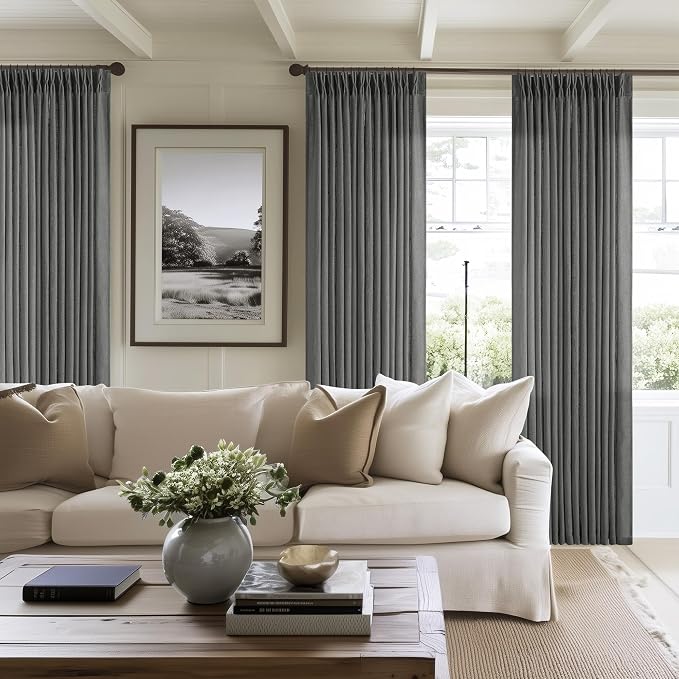 TWODRAPES Dark Grey 80 Inch Pinch Pleated Linen Curtains 2 Panel Set for Living Room Thick Linen Drapes 80 Inches Long Pinch Pleat Drapes Semi Sheer Curtain for Dining Bedroom Office Charcoal Gray