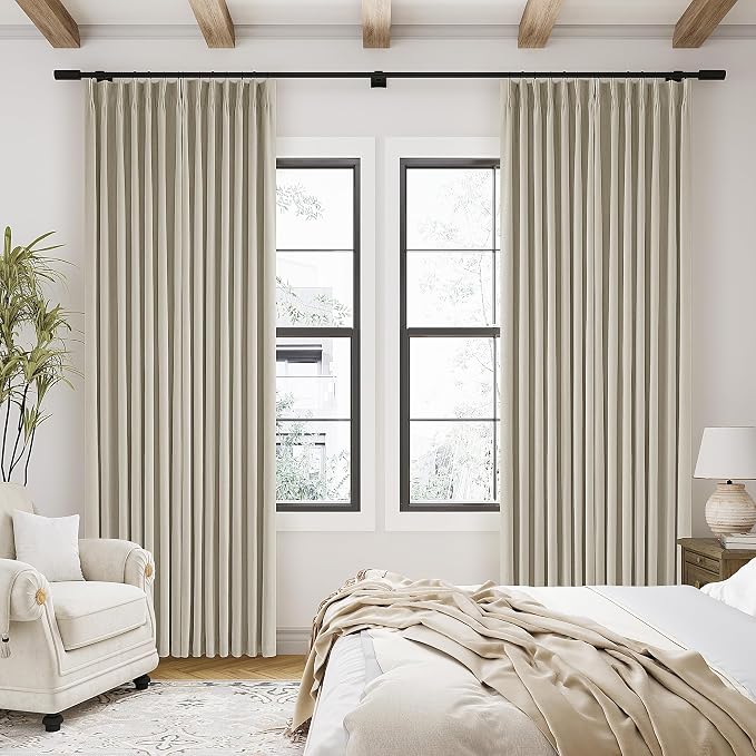 Taupe Blackout Linen Curtains 102 Inches Long for Bedroom Pinch Pleated Black Out Curtains Lined 2 Layers Memory Shape Noise Reducing Neutral Farmhouse Living Room Darkening Window Drapes