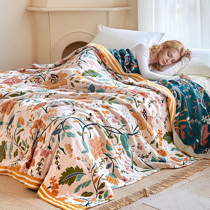 Boho Throw Blanket - 60"x80" 100% Cotton Ultra Soft Lightweight Blanket, 4-Layer Breathable Muslin Spring Blankets for Bed Couch, Reversible Green Floral Printed Bohemian Cotton Quilt