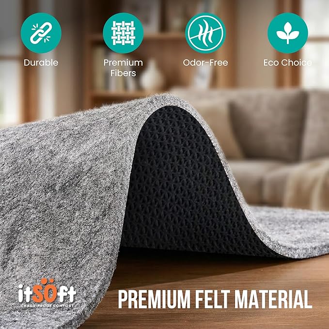 Premium Non Slip Rug Pad 5x8 Feet, 1/4" Thick Cushioned Rug Gripper for Hardwood Floors, Vinyl, Laminate, Stone, Carpet & Tile, Under Rug Padding Protects Floors