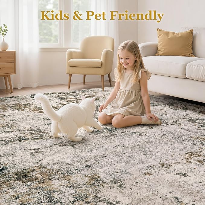 Area Rugs for Living Room: 12x15 Abstract Washable Rug Modern Neutral Large Soft Stain Resistant Non-Slip Backing Machine Table for Bedroom Dining Room Indoor Home Office Carpet - Dark Brown