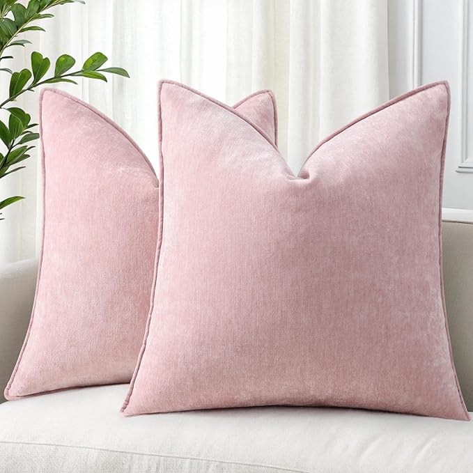 decorUhome Fall Couch Throw Pillow Covers 20x20 Set of 2, Decorative Soft Velvet Modern Cozy Chenille Pillow Cases with Elegant Design for Sofa Bed Living Room Home Decor, Blush Pink
