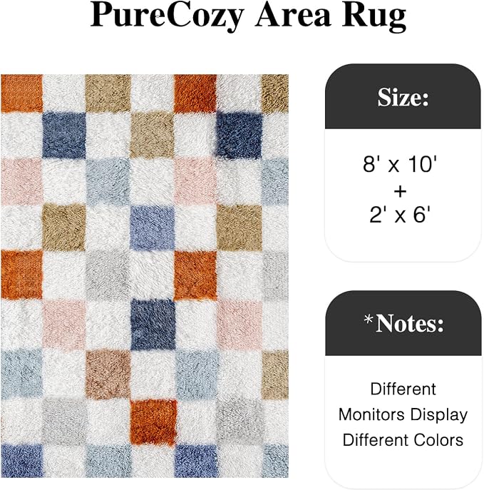 PureCozy 8'x10'+2'x6 Shag Rug Set of 2 with Runner for Living Room Bedroom Home Aesthetic Decor