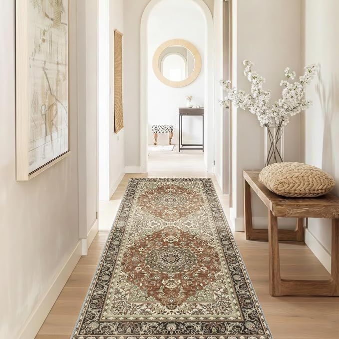 2x6 Runner Rug for Entryway Hallway-Vintage Farmhouse Boho Floral Neutral Washable Stain Resistant Indoor Rugs for Home Decor(Brick&Brown)