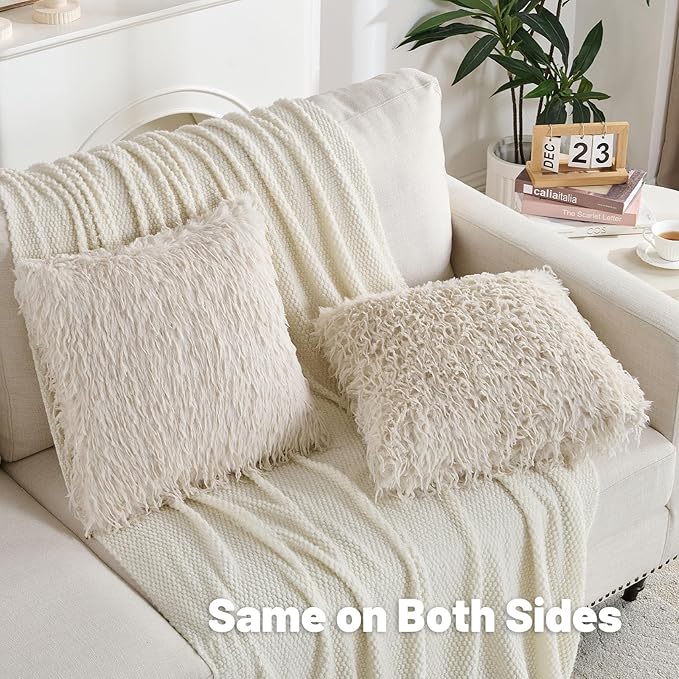 FUTEI Pack of 2 Faux Feather Plush Throw Pillow Covers 12x20 Inch Soft Fluffy Solid Farmhouse Decorative Lumbar Pillowcases Modern Luxury Accent for Couch Bed Living Room, Beige