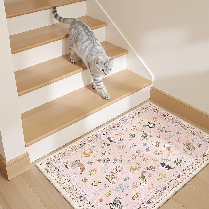 Soalmost 2x3 Cat Rugs for Entryway, Machine Washable Door Mat Animal Floral Small Area Rug Non-Slip Low Pile Soft Throw Rugs for Entrance Kitchen Indoor Front Door Kids Room (2 x 3,Pink)