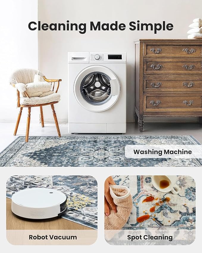 AMADA HOMEFURNISHING Round 6ft Area Rugs, Low-Profile Washable Rug with Non-Slip Backing & Durable Edge Binding, Vintage Rugs for Living Room, Bedroom, Dinning Room