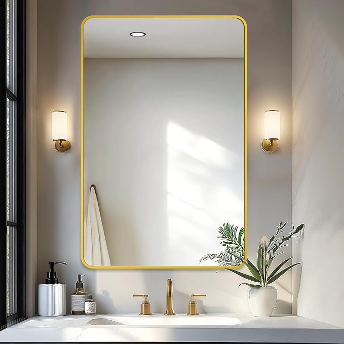 Delma Bathroom Mirror, Sleek Wall Mirror for Over Sink, Tempered Glass, Anti-Rust, Hangs Horizontally or Vertically for Bathrooms, Bedrooms & Entryways(40x28, Gold)