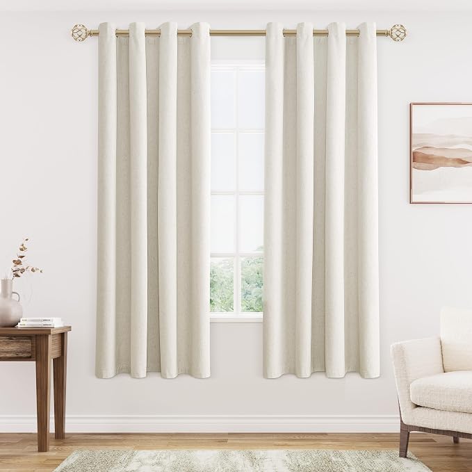 Jowels Cream Linen Blackout Curtains 58 Length 2 Panels Set for Living Room Bedroom, 100% Black Out Thermal Insulated Linen Drapes, Room Darkening Grommet Curtains 58 Inches Long Natural Beige