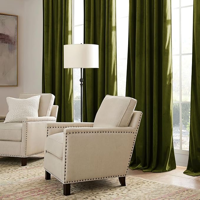RYB HOME Moss Green Velvet Curtains for Bedroom Living Room, Thermal Insulated Privacy UV Heat Blocking Luxurious Drapes for Nursery Dining Room, 52"W x 108"L, 2 Panels, Rod Pocket/Back Tab/Hook Belt