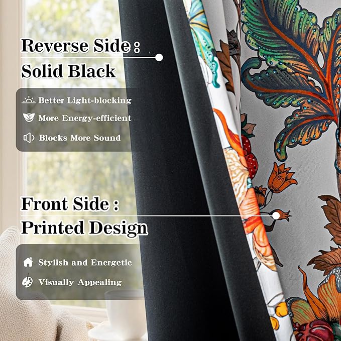 MYSKY HOME 95% Blackout Floral Curtains 95 inches Long Black Out Thermal Insulated Privacy Protect Energy Efficient Vintage Spring Floral Print for Living Dining Room, 2 Panels, 52" W, Greyish White