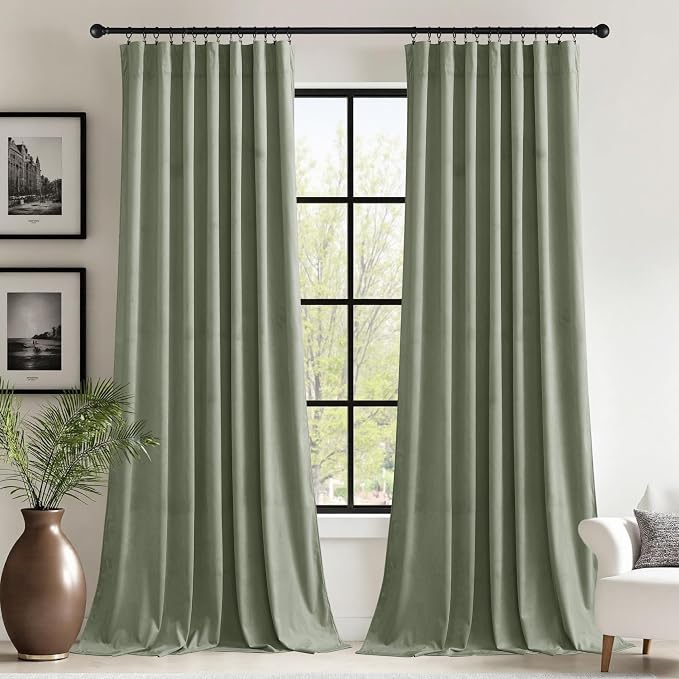 StangH Sage Green Velvet Curtains for Nursery Bedroom, W62 x L84, 2 Panels | Room Darkening Thermal Insulated Window Drapes, Living Room Sliding Door Panels, 300GSM Rich Soft Velvet, Bedroom