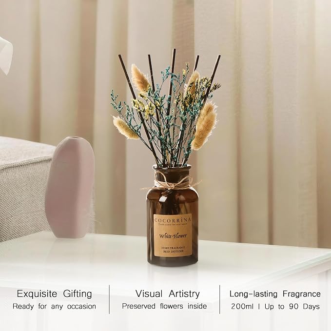 Cocorrína Reed Diffuser Set, 6.7oz Flower Reed Diffuser with Real Preserved Flowers - White Flower Scented Oil & Sticks - Long Lasting Home Fragrance for Bedroom Bathroom Shelf Decor